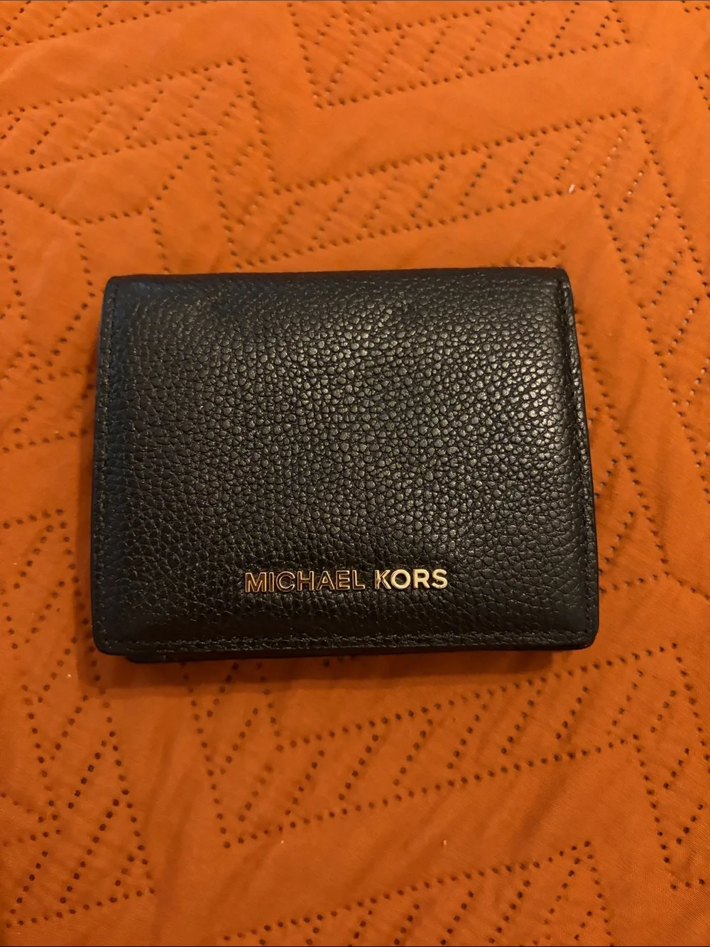 Michael Kors Black Pebbled Leather Compact Wallet with Gold Logo